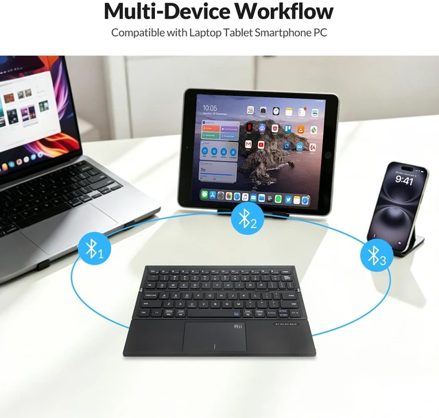 Alt view image 4 of 5 - Rii Tri-Foldable Bluetooth Keyboard with Touchpad,Rechargeable RK811