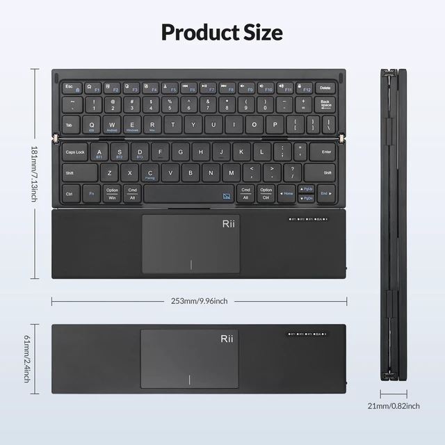 Alt view image 3 of 5 - Rii Tri-Foldable Bluetooth Keyboard with Touchpad,Rechargeable RK811