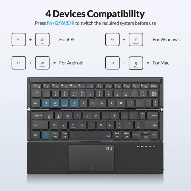 Alt view image 5 of 5 - Rii Tri-Foldable Bluetooth Keyboard with Touchpad,Rechargeable RK811