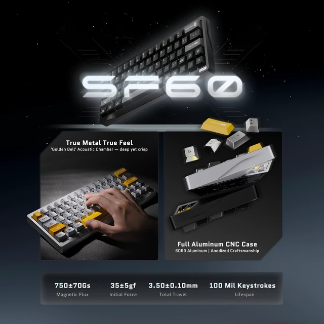 Alt view image 3 of 5 - OOCTPK Chilkey SF60 Wired Magnetic Keyboard with Metal Keycaps, 60% Gaming Keyboard with Hall Effect Switch Hot Swappable, Rapid Trigger, 16 Millions ARGB, Full-Aluminum for a Rich, Deep, Thock Typing