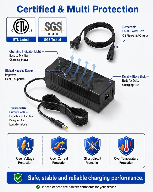 Alt view image 4 of 5 - VHBW 54.6V Charger Compatible with Ride1up Portola,Turris, Cafe Cruiser,700 Series,LMTD V1 and V2,Core-5,500 Series Electric Bike