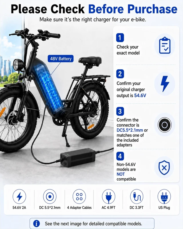 Alt view image 2 of 5 - VHBW 54.6V Charger Compatible with Ride1up Portola,Turris, Cafe Cruiser,700 Series,LMTD V1 and V2,Core-5,500 Series Electric Bike