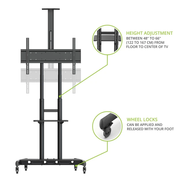 Alt view image 5 of 5 - Kanto MTM86PL Height Adjustable Rolling TV Stand for Most 55" - 86" TVs and Interactive Displays - Supports TVs up to 200lbs - Includes a top Shelf and Keyboard Tray - Max VESA 800x500