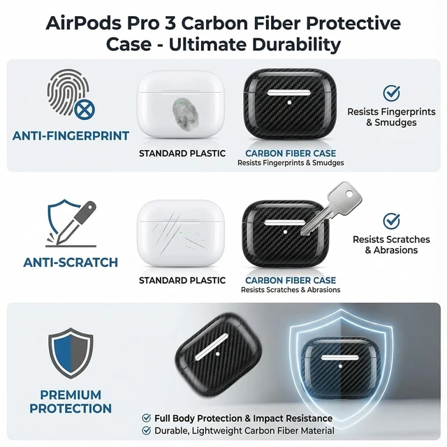 Alt view image 5 of 5 - MOLOVA Carbon Fiber Material Design Protective Cover for AirPods Pro 3 Case, Shockproof Hard Shell for AirPod Pro 3 Case, Stylish and Durable Cover for Men/Wome USB-C Cable,Black