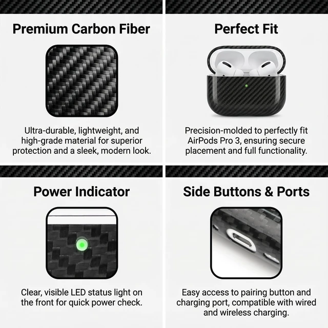 Alt view image 4 of 5 - MOLOVA Carbon Fiber Material Design Protective Cover for AirPods Pro 3 Case, Shockproof Hard Shell for AirPod Pro 3 Case, Stylish and Durable Cover for Men/Wome USB-C Cable,Black