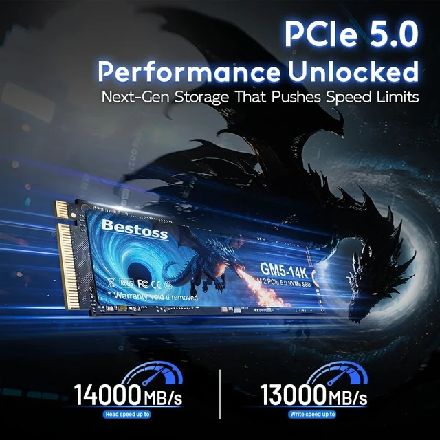 Alt view image 2 of 5 - Bestoss NVMe M.2 2280 SSD 2TB Internal Gen5, Up to 14000MB/s, DRAM Cache