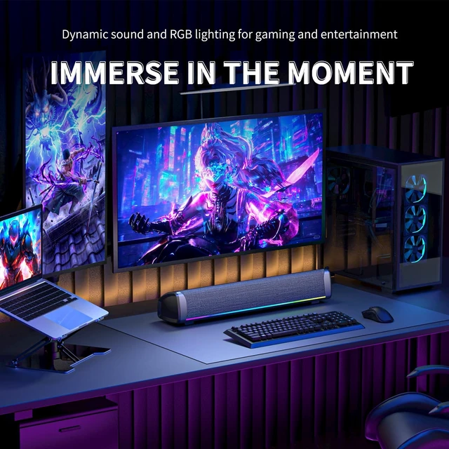 Alt view image 2 of 5 - HEGMUXCO Computer Speakers for Desktop PC, Gaming Soundbar with 4 Drivers, 12 RGB Lighting Modes,USB/USB-C Powered PC Speakers, Plug & Play Monitor Sound Bar with Mic & Headphone Jack for Laptop, PC
