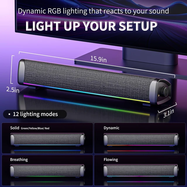 Alt view image 5 of 5 - HEGMUXCO Computer Speakers for Desktop PC, Gaming Soundbar with 4 Drivers, 12 RGB Lighting Modes,USB/USB-C Powered PC Speakers, Plug & Play Monitor Sound Bar with Mic & Headphone Jack for Laptop, PC