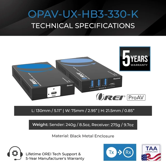 Alt view image 5 of 5 - OREI ProAV USB 3.2 HDBaseT Extender 330ft Over CAT6 USB-C to USB-A 5Gbp POC