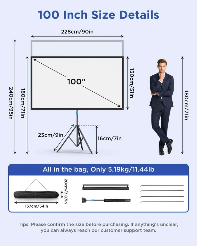 Alt view image 3 of 5 - Projector Screen with Stand, 100 Inch Portable Projector Screen Outdoor Indoor, 1.2 Gain Fiberglass Projection Screen, 16:9 Outdoor Movie PVC Screen with Carrying Bag for Movie Night(White Screen)
