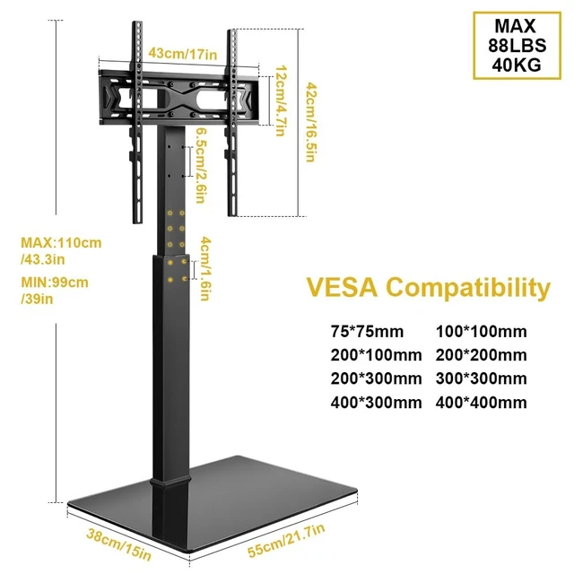 Alt view image 4 of 5 - WKWKER Floor TV Stand for 27-65 inch LED Screen Adjustable TV Stand with Mount Swivel Floor Televisions Stand with Tempered Glass Base for Corner Bedroom Living Room Max VESA 400x400mm