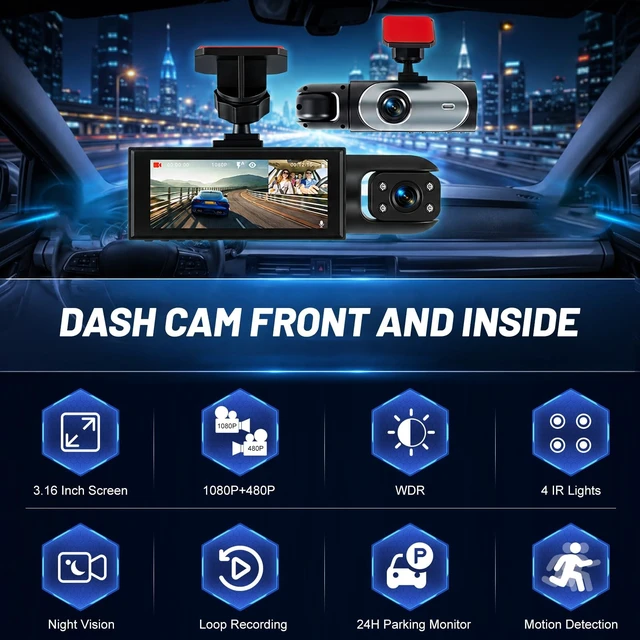 Alt view image 2 of 5 - Volxcereo Dash Cam Front and Inside, 3.16 inch Screen1080P Dual Dash Cam