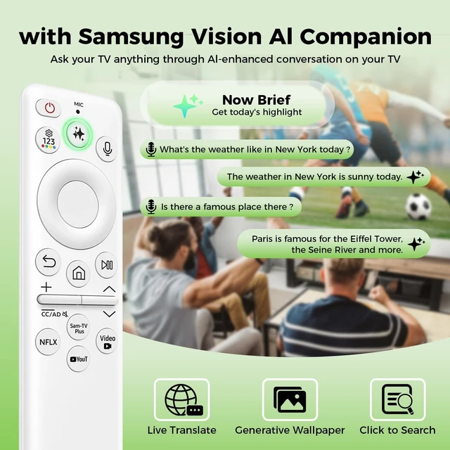 Alt view image 2 of 5 - New BN59-01480A Solar Smart AI Voice Remote with Rechargeable Solar Cell, TM2560E Solarcell Remote Replacement, App Shortcuts & USB-C Charging, for Samsung 2023-2026 Neo QLED & OLED Smart TVs- W