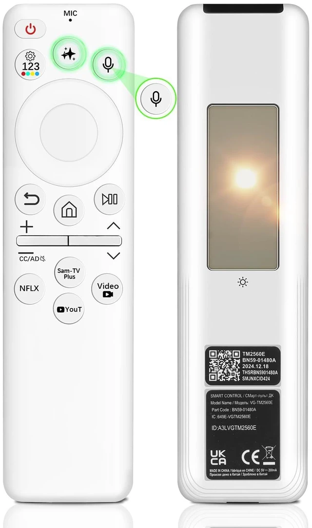 Main image of New BN59-01480A Solar Smart AI Voice Remote with Rechargeable Solar Cell, TM2560E Solarcell Remote Replacement, App Shortcuts & USB-C Charging, for Samsung 2023-2026 Neo QLED & OLED Smart TVs- W