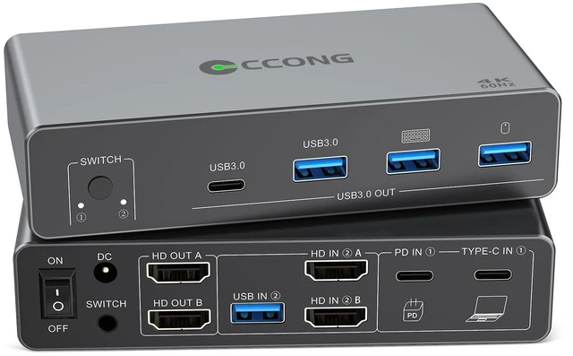Main image of HDMI USB C KVM Switch 2 Monitors for 1 Laptop and 1 Desktop 4K@60Hz