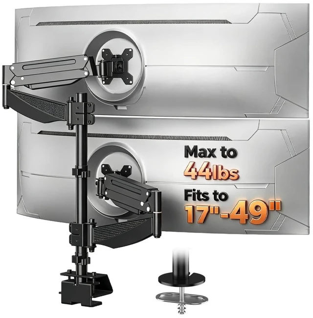Main image of suptek Dual Monitor Arm Desk Mount for 17-49 Inch Ultrawide Monitors, Heavy Duty Dual Monitor Mount Holds 44 lbs, Full Motion Gas Spring Vertical Stacked Monitor Mount, 75/100 VESA Mount, Black