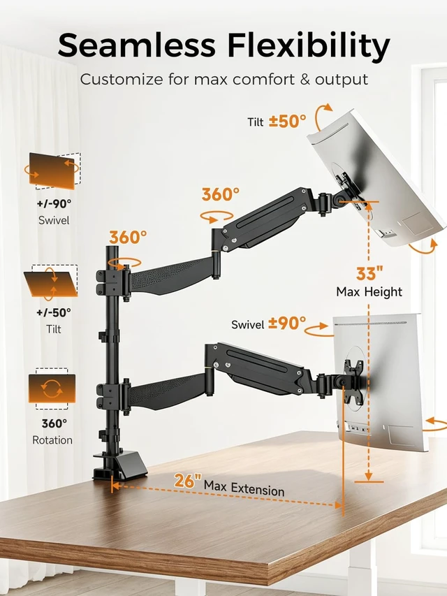 Alt view image 3 of 5 - suptek Dual Monitor Arm Desk Mount for 17-49 Inch Ultrawide Monitors, Heavy Duty Dual Monitor Mount Holds 44 lbs, Full Motion Gas Spring Vertical Stacked Monitor Mount, 75/100 VESA Mount, Black