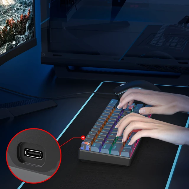 Alt view image 5 of 5 - iRoboosta Portable 60% Mechanical Gaming Keyboard Blue/Black, Rainbow Backlit Wired Key Board with Red Switch, Compact 61 Keys Mini Office Keyboards for Laptop PC (61 Monster B/Red Switch)