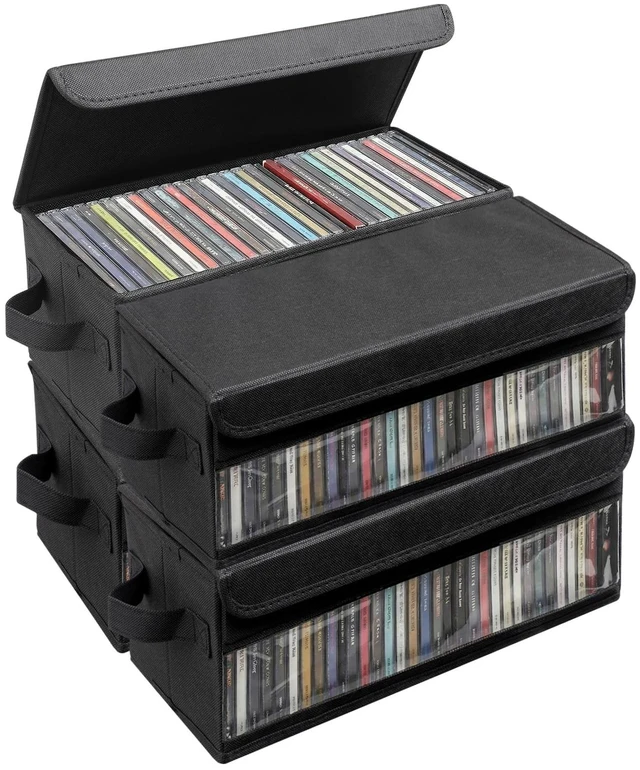 Main image of Dntorx 4 Pack CD Storage Box, CD Case Holder with Handles, 14.176.35.51in Lid and Clear Window Stackable CD Organizer Box Holds Up to 128 CDs in full jewel cases(Black)