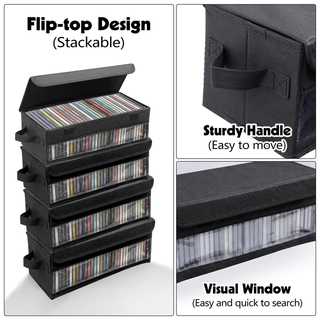 Alt view image 3 of 5 - Dntorx 4 Pack CD Storage Box, CD Case Holder with Handles, 14.176.35.51in Lid and Clear Window Stackable CD Organizer Box Holds Up to 128 CDs in full jewel cases(Black)