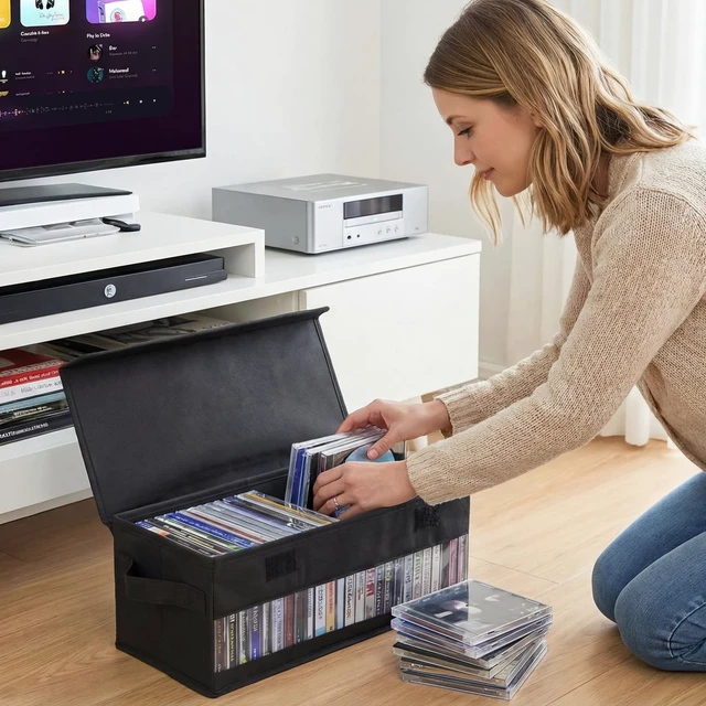 Alt view image 4 of 5 - Dntorx 4 Pack CD Storage Box, CD Case Holder with Handles, 14.176.35.51in Lid and Clear Window Stackable CD Organizer Box Holds Up to 128 CDs in full jewel cases(Black)