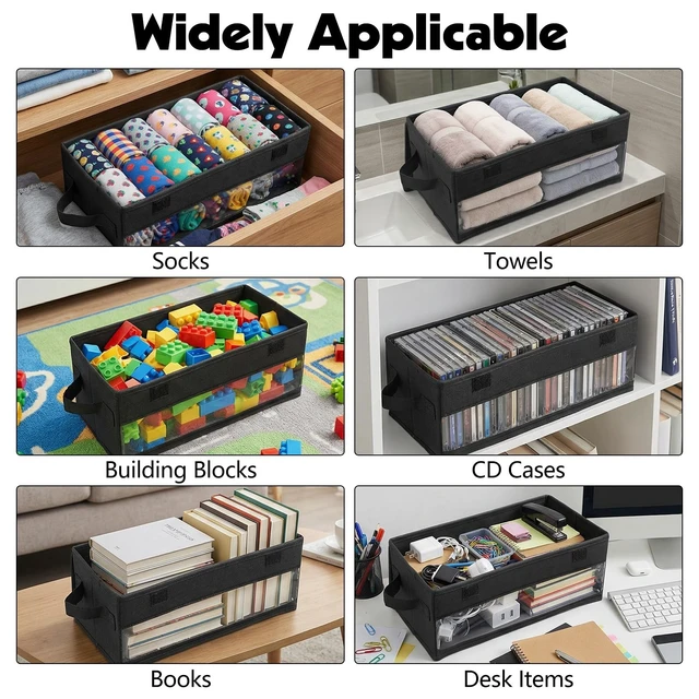 Alt view image 5 of 5 - Dntorx 4 Pack CD Storage Box, CD Case Holder with Handles, 14.176.35.51in Lid and Clear Window Stackable CD Organizer Box Holds Up to 128 CDs in full jewel cases(Black)