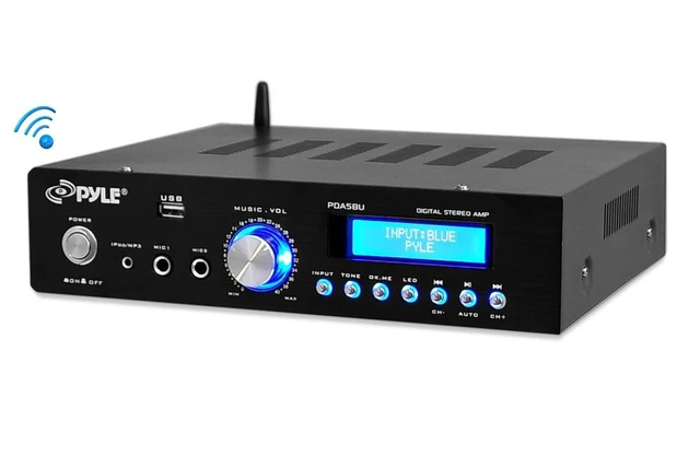 Alt view image 2 of 5 - Pyle PDA5BU Amplifier Receiver Stereo, Bluetooth, AM/FM Radio, USB Flash Reader, Aux Input LCD Display, 200 Watt with Dual LU43PB Indoor/Outdoor Speakers Bundle with Enrock 50ft 16g Speaker Wire