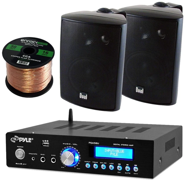 Main image of Pyle PDA5BU Amplifier Receiver Stereo, Bluetooth, AM/FM Radio, USB Flash Reader, Aux Input LCD Display, 200 Watt with Dual LU43PB Indoor/Outdoor Speakers Bundle with Enrock 50ft 16g Speaker Wire