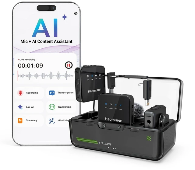 Main image of Wireless Lavalier Microphone with AI App for iPhone, Android, PC & Camera