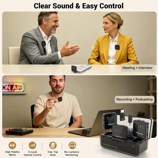 Alt view image 2 of 5 - Wireless Lavalier Microphone with AI App for iPhone, Android, PC & Camera