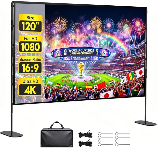 Main image of 120 Inch Outdoor Projector Screen with Stand, Portable Indoor Outdoor Movie Screen, 16:9 4K HD Lightweight Projection Screen with Carry Bag for Backyard Movie Night