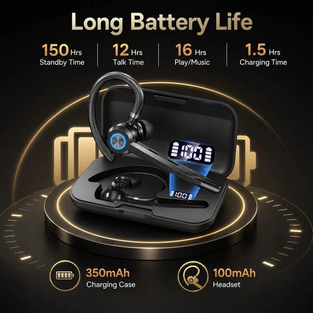 Alt view image 3 of 5 - Wireless Bluetooth Headset V5.4 with ENC Mic, Single Ear Bluetooth Earpiece