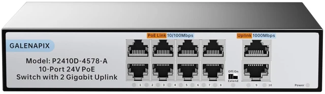 Main image of GALENAPIX 8 Port PoE Switch, 24V Passive 100Mbps Switch with 2 Gigabit Uplink Ports, Fanless Silent Operation, Metal Housing, Unmanaged, Plug and Play, for Camera Wireless AP