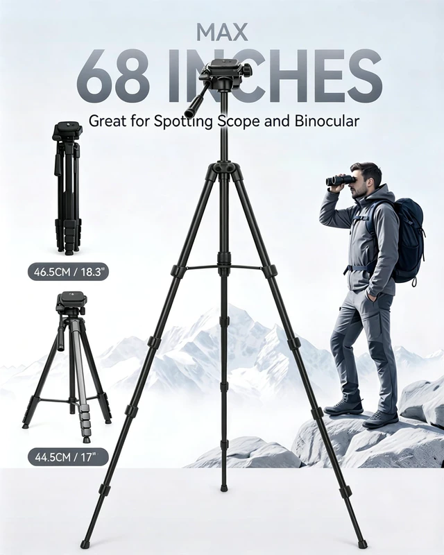 Alt view image 2 of 5 - 68"Binocular Tripod with Adapter,2 QR Plates,Bubble Level,Flip Lock,Compact