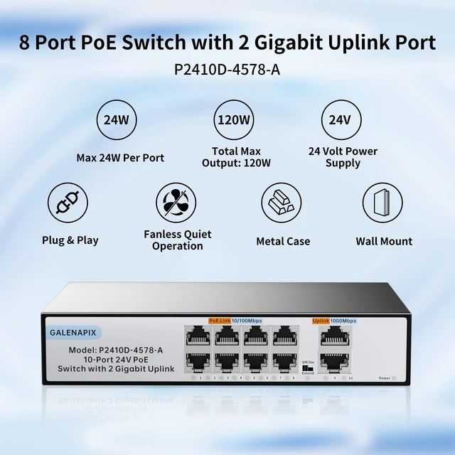 Alt view image 3 of 5 - GALENAPIX 8 Port PoE Switch, 24V Passive 100Mbps Switch with 2 Gigabit Uplink Ports, Fanless Silent Operation, Metal Housing, Unmanaged, Plug and Play, for Camera Wireless AP