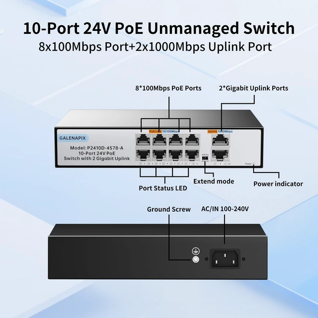 Alt view image 2 of 5 - GALENAPIX 8 Port PoE Switch, 24V Passive 100Mbps Switch with 2 Gigabit Uplink Ports, Fanless Silent Operation, Metal Housing, Unmanaged, Plug and Play, for Camera Wireless AP