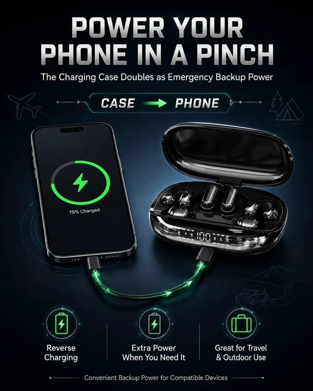 Alt view image 4 of 5 - Orxiery 3-in-1 Bluetooth Wireless Earbuds with Chargeable Power Bank Case Interchangeable Clip-On, in-Ear & Sleep Earphones, APP EQ, LED Display, Low Latency Headphones for Sports and Travel(Bl