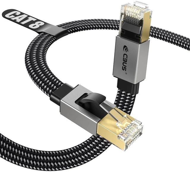 Main image of CBUS CAT 8 Ethernet Cable, 50ft Flat Braided Pure Copper 30AWG F/FTP with Ground, 40Gbps 2000MHz, Slim LAN Cable for Home & Office, Router, PC, Gaming, Modem Available in 1.5ft 3ft 6ft 10ft 15ft