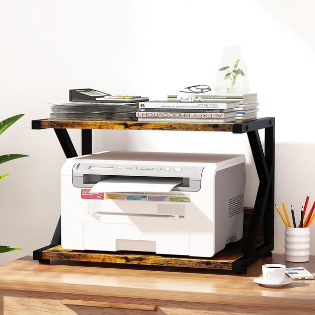 Alt view image 2 of 5 - aboxoo Desktop Printer Stand with 2 Tier Wood Storage Shelves,Under Desk Printer Table,Multi-Purpose Home Office Desk Organizer for Fax Machine, Scanner (Rustic Brown)
