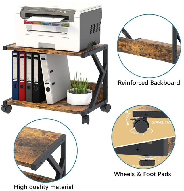 Alt view image 5 of 5 - aboxoo Desktop Printer Stand with 2 Tier Wood Storage Shelves,Under Desk Printer Table,Multi-Purpose Home Office Desk Organizer for Fax Machine, Scanner (Rustic Brown)