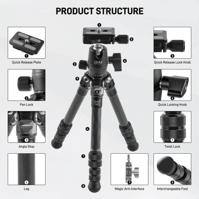 Alt view image 4 of 5 - GVM Carbon Fiber Camera Tripod, Tripod for Camera and Phone, Heavy Duty Camera Tripod Stand with 360 Panorama Ball Head Quick Release Plate for Max Load 15 LB
