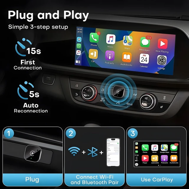 Alt view image 3 of 5 - Hongqiao Wireless CarPlay Adapter, Mini USB-C Dongle with 5GHz WiFi, Converts Wired to Wireless CarPlay & Android Auto, Plug & Play, Auto Reconnect, No Lag, for 2016+ Cars, USB-A Adapter