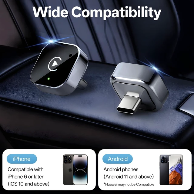 Alt view image 2 of 5 - Hongqiao Wireless CarPlay Adapter, Mini USB-C Dongle with 5GHz WiFi, Converts Wired to Wireless CarPlay & Android Auto, Plug & Play, Auto Reconnect, No Lag, for 2016+ Cars, USB-A Adapter
