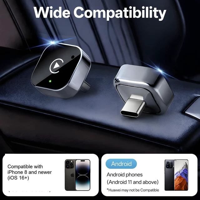 Alt view image 4 of 5 - Hongqiao Wireless CarPlay Adapter, Mini USB-C Dongle with 5GHz WiFi, Converts Wired to Wireless CarPlay & Android Auto, Plug & Play, Auto Reconnect, No Lag, for 2016+ Cars, USB-A Adapter