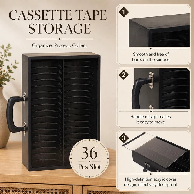 Alt view image 3 of 5 - Cassette Tape Storage Box with Acrylic Sliding Dust Cover 36-Slot Organizer with Dividers & Side Handle, Handmade Wooden Tape Holder for Home Studio & Display