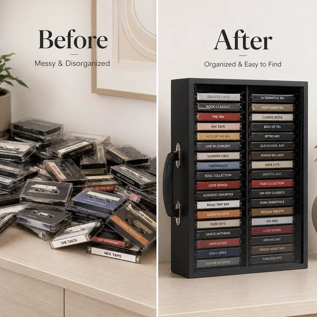 Alt view image 5 of 5 - Cassette Tape Storage Box with Acrylic Sliding Dust Cover 36-Slot Organizer with Dividers & Side Handle, Handmade Wooden Tape Holder for Home Studio & Display