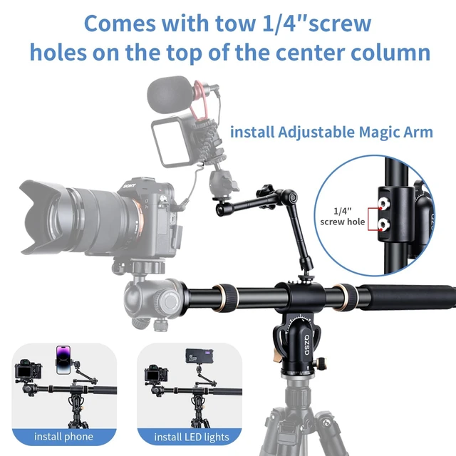 Alt view image 3 of 5 - 41" Aluminum Tripod Extension arm Retractable Horizontal Center Column arm with 1/4'' and 3/8'' scerws, 360 rotatable for Overhead, Multi-Angle Photography,Load Up to 33lbs,Tripod not Included