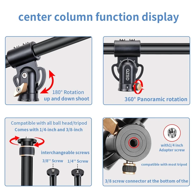 Alt view image 4 of 5 - 41" Aluminum Tripod Extension arm Retractable Horizontal Center Column arm with 1/4'' and 3/8'' scerws, 360 rotatable for Overhead, Multi-Angle Photography,Load Up to 33lbs,Tripod not Included