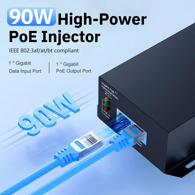 Alt view image 2 of 5 - 90W Gigabit PoE++ Injector, 802.3bt/at/af High Power Over Ethernet Adapter