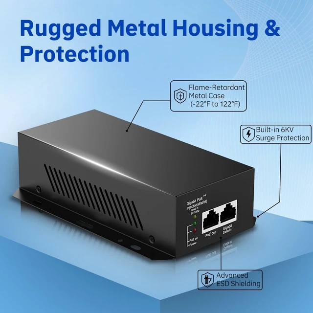 Alt view image 3 of 5 - 90W Gigabit PoE++ Injector, 802.3bt/at/af High Power Over Ethernet Adapter